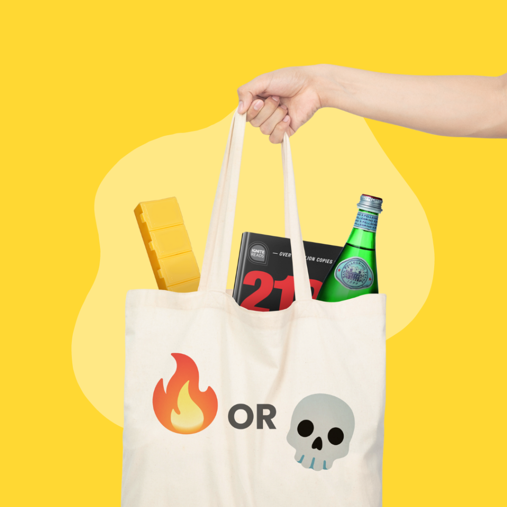 Tote Bag with products inside held by a hand and arm.