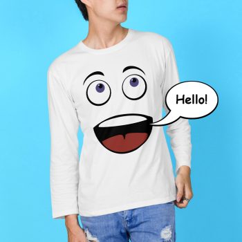 A person wearing a white long-sleeve shirt featuring a cartoon face design with large purple eyes, raised eyebrows, and a wide-open smiling mouth with a speech bubble saying "Hello!". The person is looking away from the camera against a bright blue background.