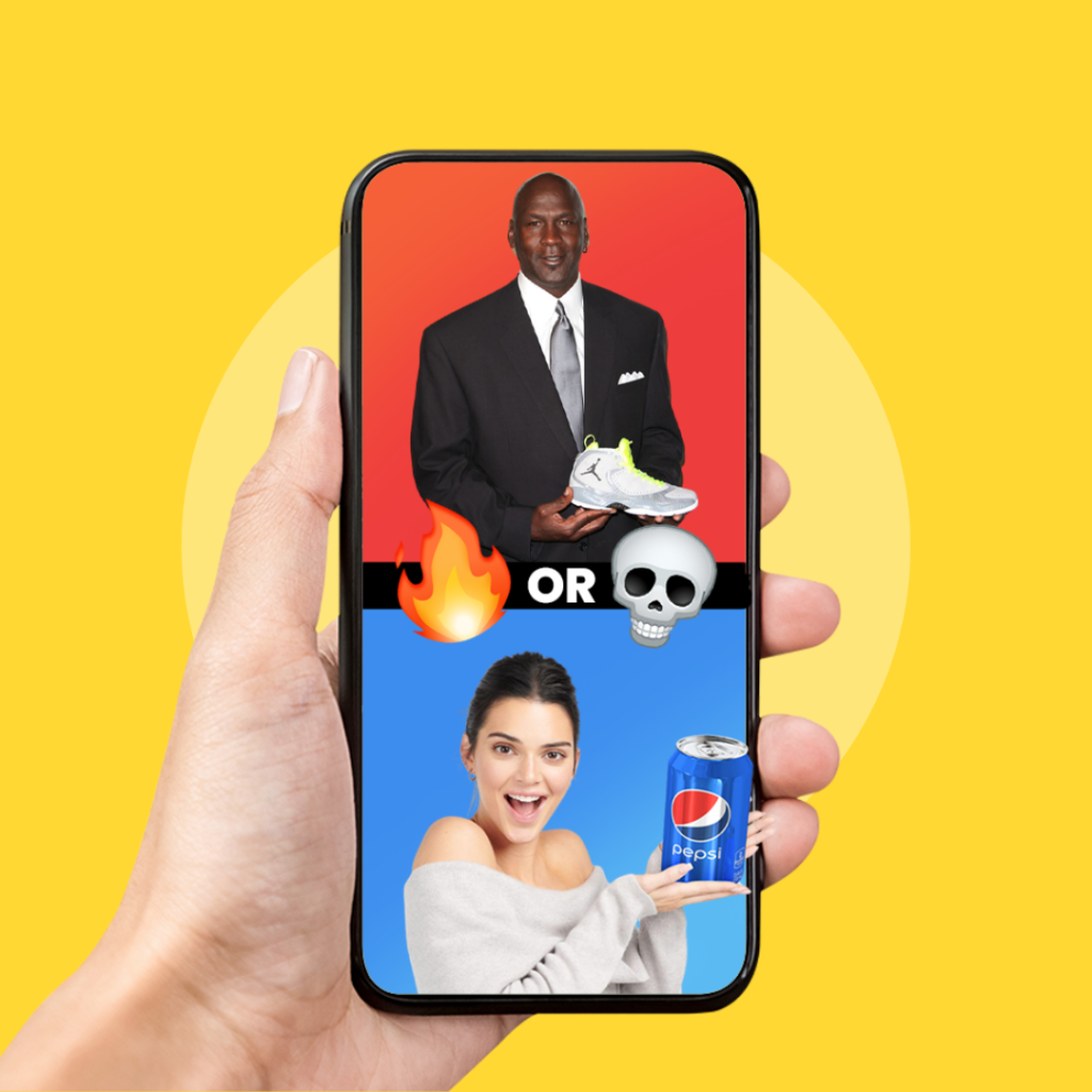 A hand holding a smartphone displaying a "hot or not" comparison between Michael Jordan holding Air Jordans and Kendall Jenner holding a Pepsi can.