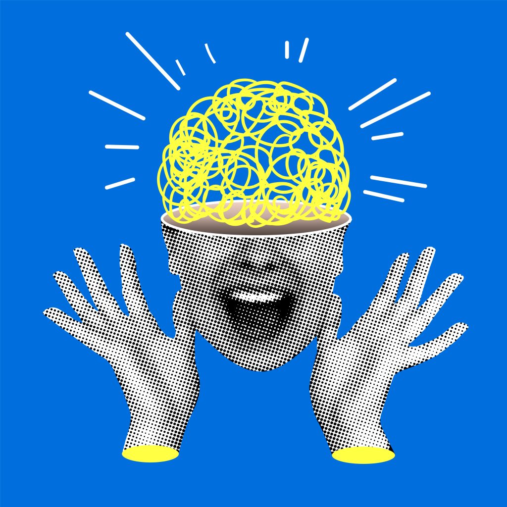 A surreal pop art illustration of a person's head with a tangle of yellow lines bursting out of the open top, resembling chaotic thoughts or creative energy. The face is in halftone dots with a wide-open, laughing expression, and the background is bright blue.